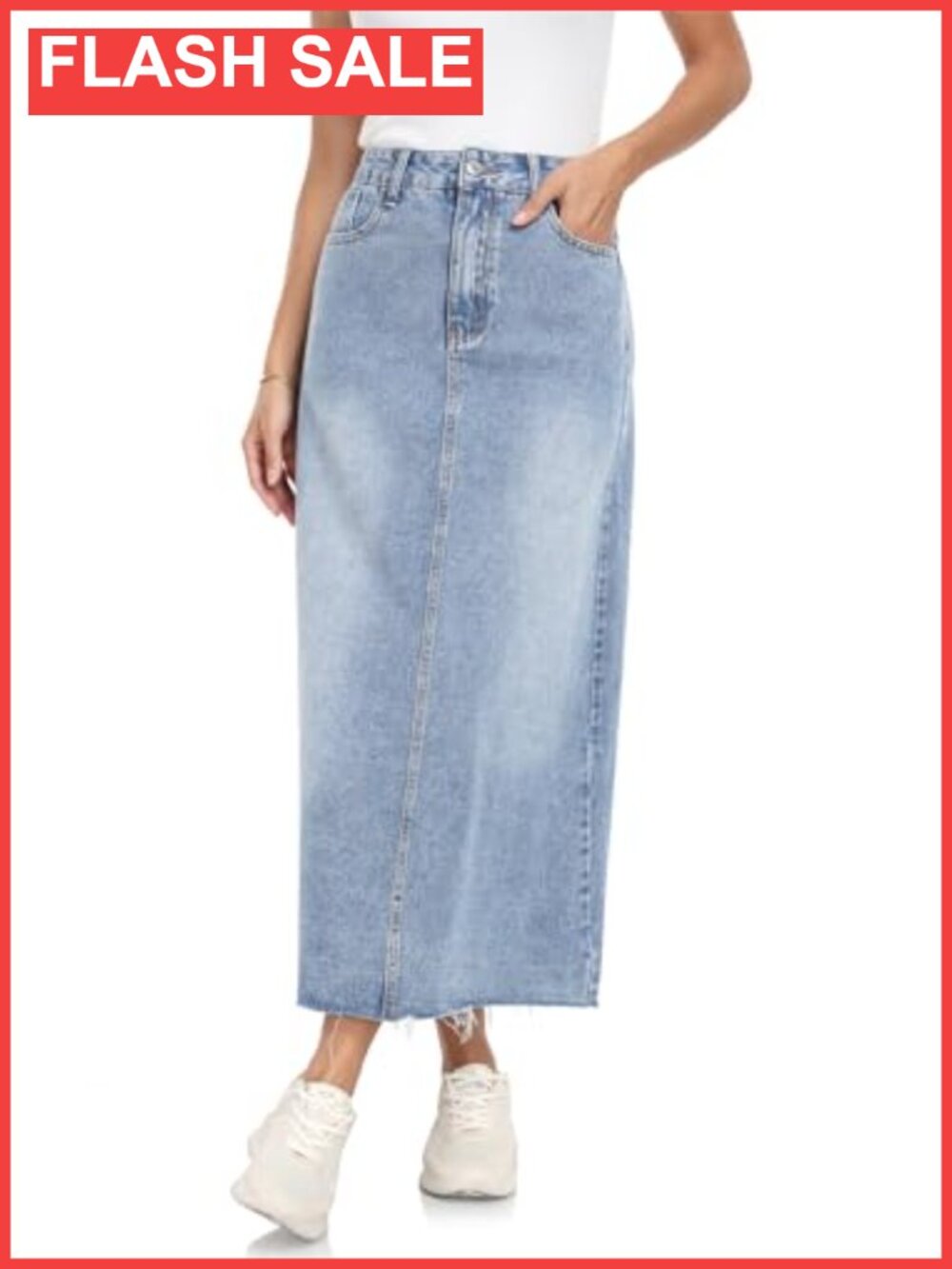 High Waisted A-Line Denim Midi Skirt with Raw Hem and Pockets